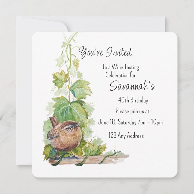 Invitación Cata de Vino de la Viña Wren Bird Cumpleaños (Anverso)