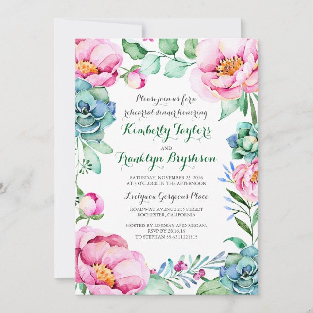 Invitación Catálogo de acuarela de flores para la cena (Anverso)