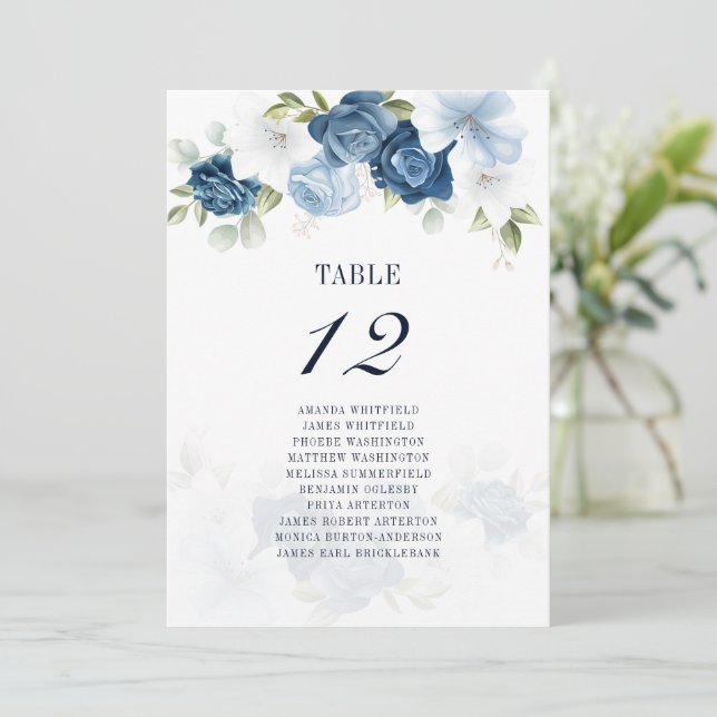Invitación Catálogo de asientos de 12 Bodas con flor azul tur (Anverso de pie)