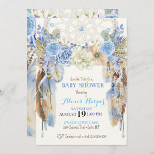 Invitación Catcher del sueño boho Feathers Blue Marfil