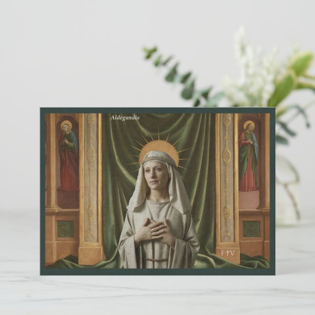 Invitación Catholic Art Holy Card | Saint Aldegundis (Anverso de pie)
