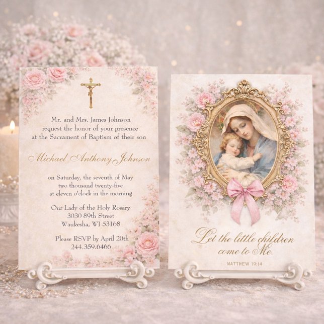 Invitación Catholic Baptism Christening Mary Jesus Roses (Subido por el creador)