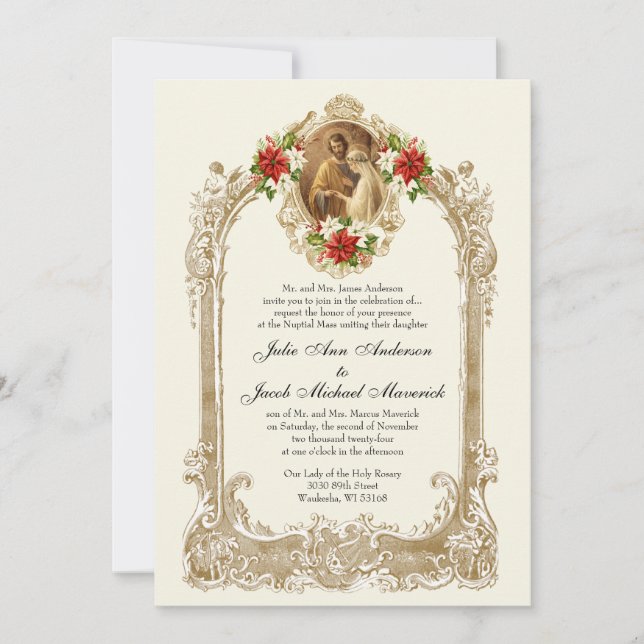 INVITACIÓN CATHOLIC CHRISTMAS POINSETTIA WEDDING INVITATIONS (Anverso)