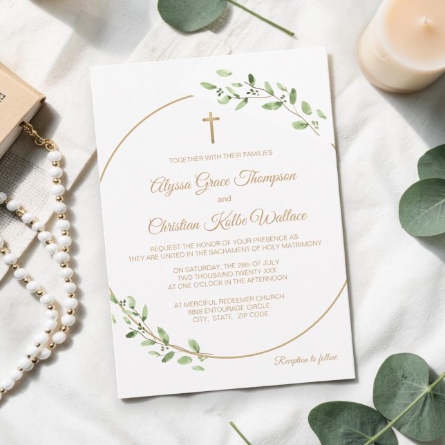 Invitación Catholic Church Wedding WREATH with Cross Elegant (Gold cross with wreath greenery catholic wedding invitation.)