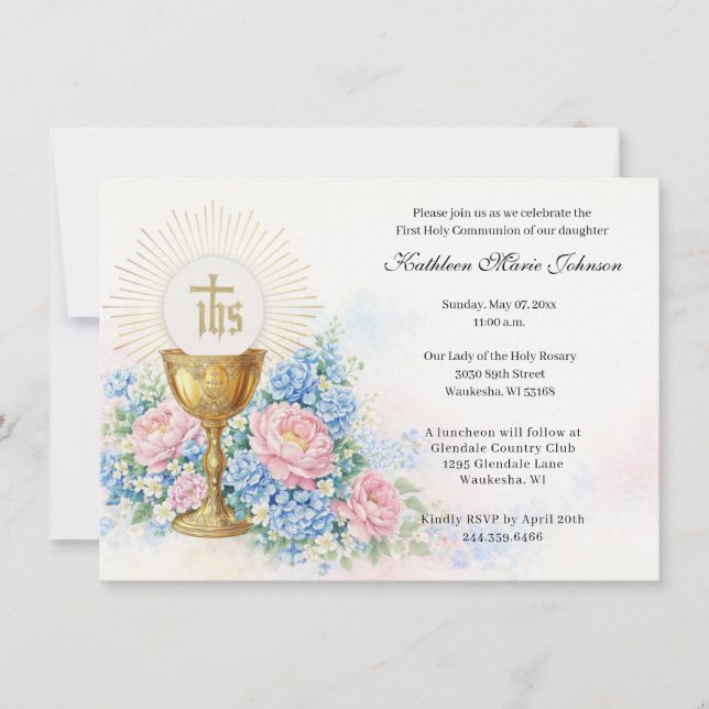 Invitación Catholic First Communion Chalice Host Floral (Anverso)