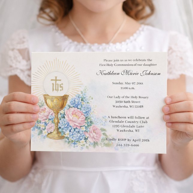 Invitación Catholic First Communion Chalice Host Floral (Subido por el creador)
