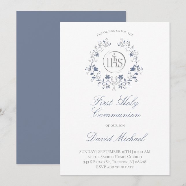 Invitación catholic first communion elegant blue wreath (Anverso / Reverso)