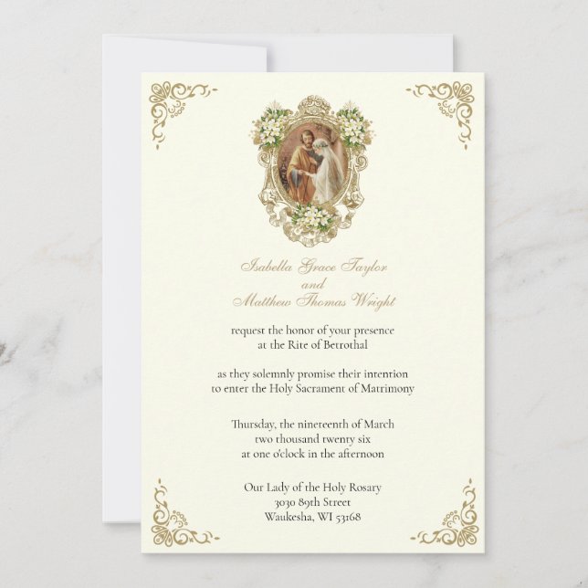 INVITACIÓN CATHOLIC FLORAL GOLD  BETROTHAL INVITATIONS (Anverso)