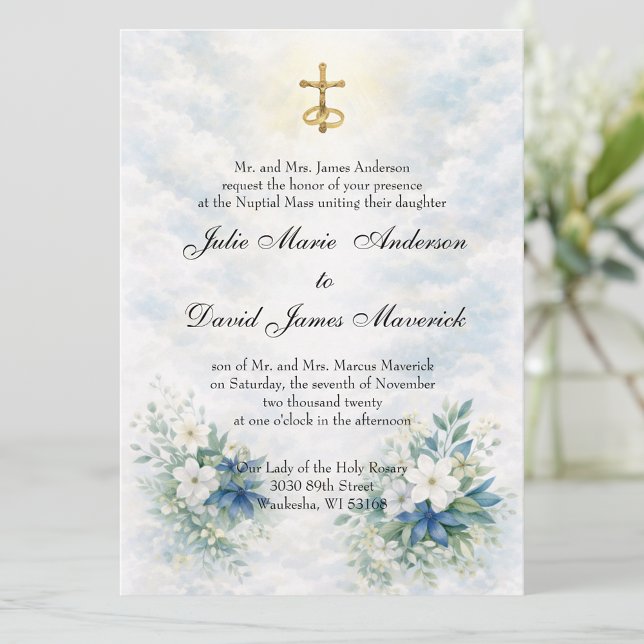 Invitación Catholic Gold Crucifix Blue and White Floral  (Subido por el creador)