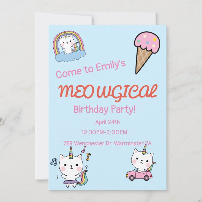Invitación Caticorn azul cumpleaños meowgico (Anverso)