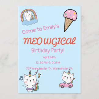 Invitación Caticorn azul cumpleaños meowgico