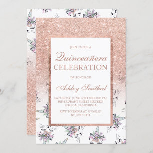 Invitación Caticorns purpurinas rosa de Moda Quinceañera