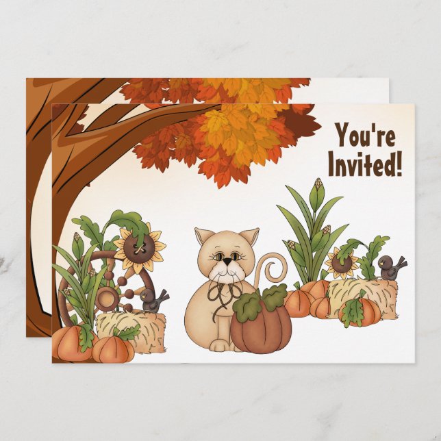Invitación Cato y calabaza lindo Cumpleaños de otoño (Anverso / Reverso)