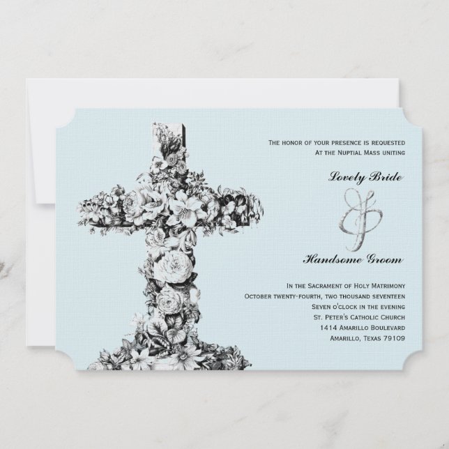 Invitación católica cruzada floral azul claro de (Anverso)