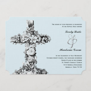 Invitación católica cruzada floral azul claro de