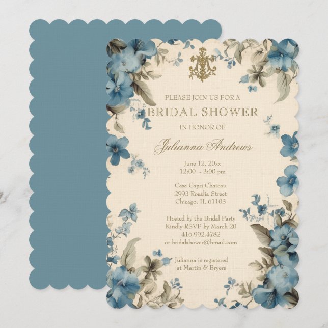 Invitación Católica Floral Azul Bridal Shower Marian Cross (Anverso / Reverso)