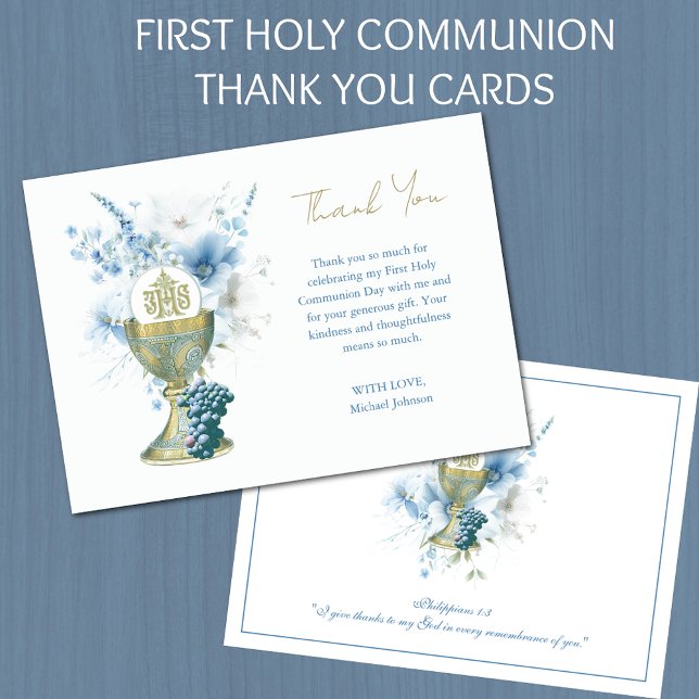 Invitación Católica Floral Azul Primera Comunión Gracias (Subido por el creador)