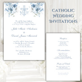 Invitación Católica Floral Azul Religiosa María Boda