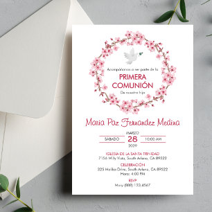 Invitación Católica Primera Santa Comunión Flores Rosa Españo