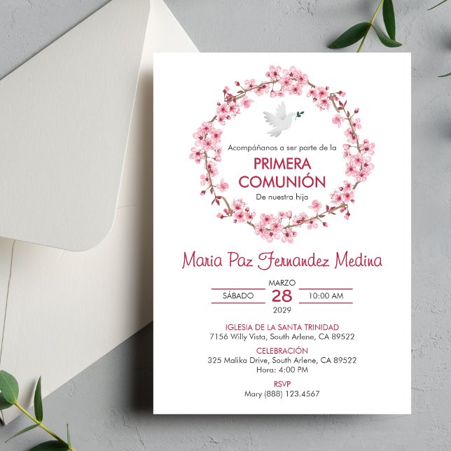 Invitación Católica Primera Santa Comunión Flores Rosa Españo (Subido por el creador)