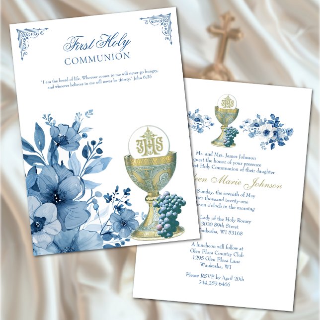 Invitación Católica Santa Comunión Dusty Blue Floral (EASY TO PERSONALIZE!)