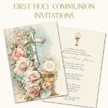 Invitación Católica Santa Comunión Vintage Floral<br><div class="desc">Celebrar el Sacramento de la Primera Comunión es una ocasión maravillosa. Esta tradicional invitación floral primaveral de personalizado católico, con el cáliz y la Eucaristía, de la primera comunión con el espíritu floral de la primavera, expresa con seguridad la belleza y la solemnidad de este día especial. Se pueden modificar...</div>