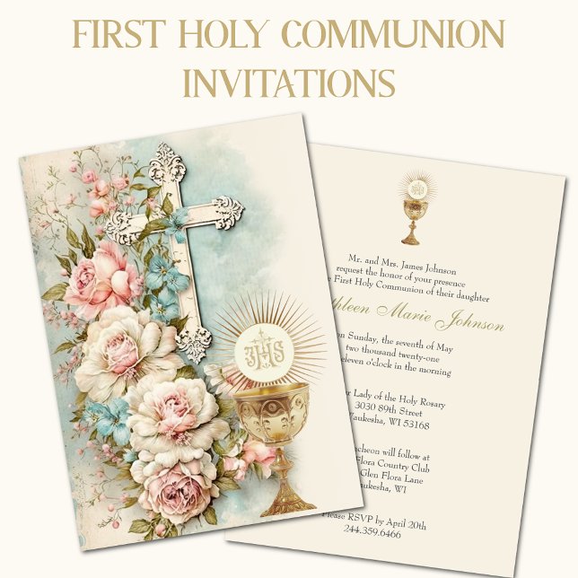 Invitación Católica Santa Comunión Vintage Floral (Subido por el creador)
