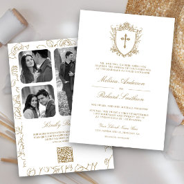 Invitación Católico victoriano blanco y oro Boda de código QR
