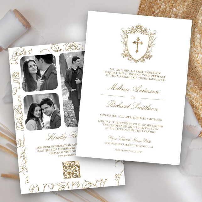 Invitación Católico victoriano blanco y oro Boda de código QR (Subido por el creador)