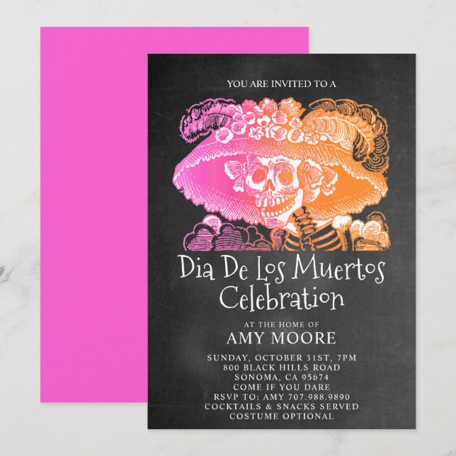 Invitación Catrina Dia De Los Muertos Chalkboard Fiesta (Anverso / Reverso)