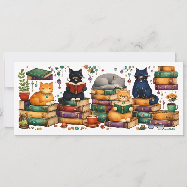 Invitación Cats Reading Books Cozy Library Scene (Anverso)