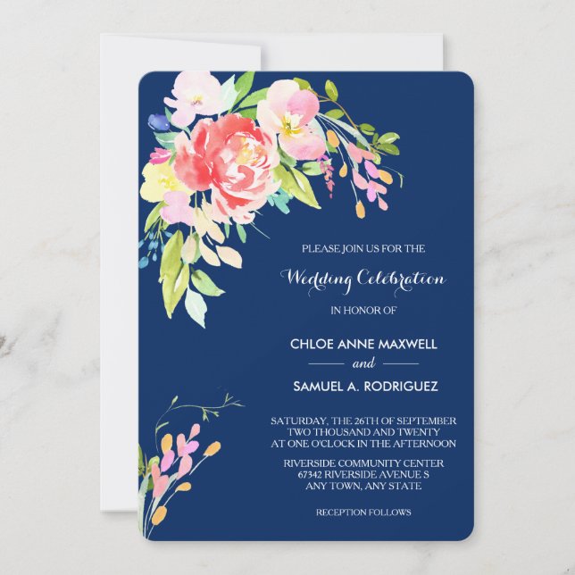 Invitación Cattails y Floral sobre el Boda azul de la Marina (Anverso)