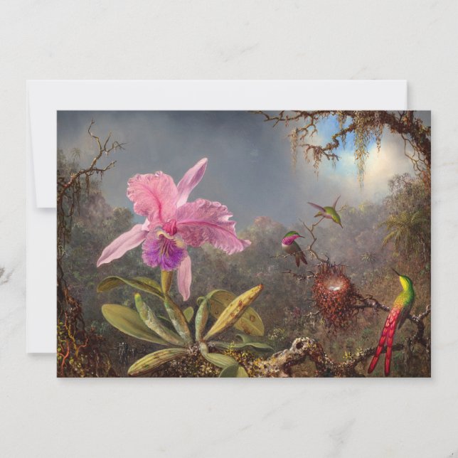 Invitación Cattleya Orchid y tres Hummingbirds por Heade (Anverso)