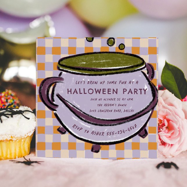 Invitación Cauldron Checkered Watercolor Halloween Party (Spooky watercolor cauldron Halloween party invitation.)