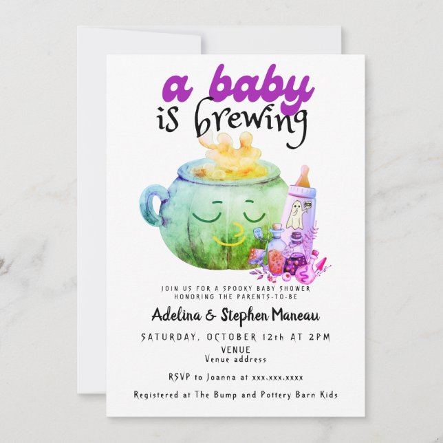 Invitación Cauldron de bruja de Halloween para bebé (Anverso)
