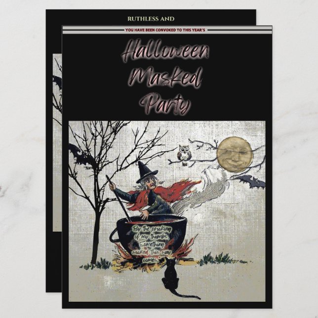 Invitación Cauldron de bruja de la Fiesta enmascarada de Hall (Anverso / Reverso)