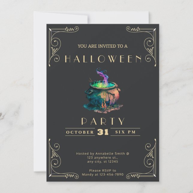 Invitación Cauldron Halloween de las brujas de oro y negro (Anverso)