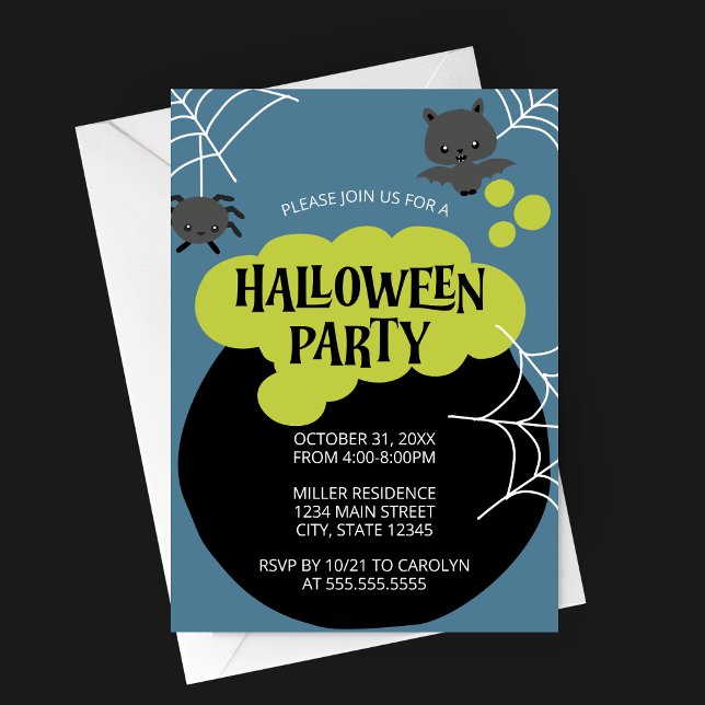 Invitación Cauldron Kid, la fiesta de Halloween de la bruja p (Retro Witch's Cauldron Halloween Party Invitation with Cartoon Characters on Blue Background)