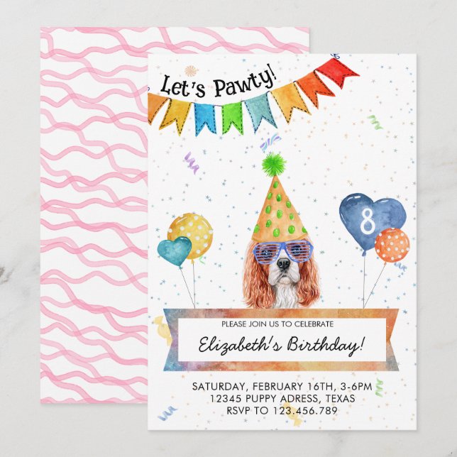 Invitación Cavalier Spaniel Deja Pawty Fiesta de Cumpleaños d (Anverso / Reverso)