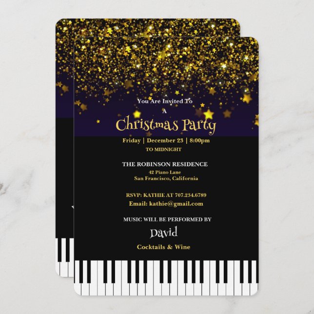 Invitación Cayos de piano y Fiesta de Navidades Purpurinas de (Anverso / Reverso)