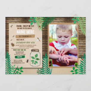 Invitación Caza de bichos Foto caza de hojas de madera Fiesta