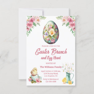 Invitación caza de brunch y huevo de pascua, pollos de flores
