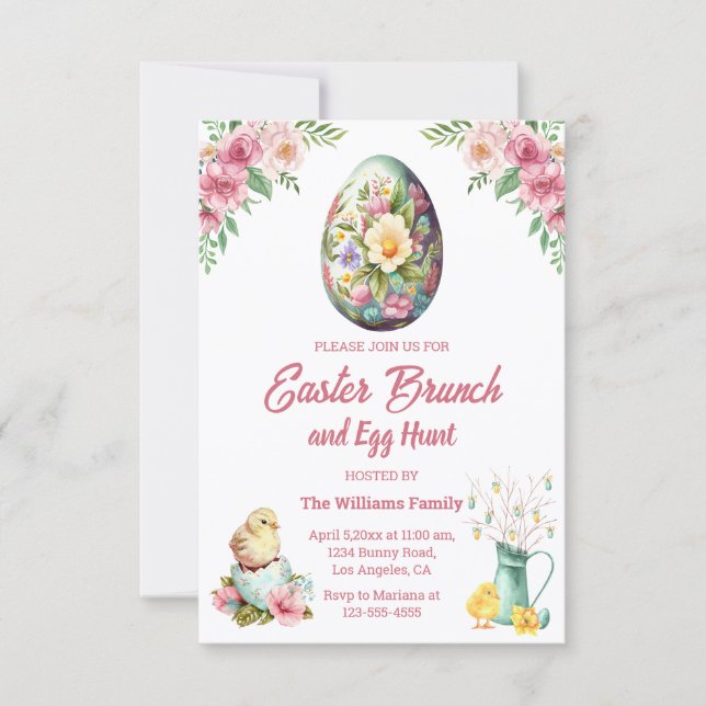 Invitación caza de brunch y huevo de pascua, pollos de flores (Anverso)