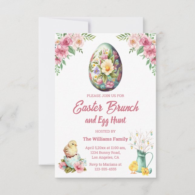 Invitación caza de brunch y huevo de pascua, pollos de flores (Anverso)