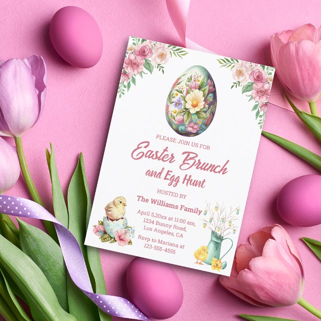 Invitación caza de brunch y huevo de pascua, pollos de flores (Subido por el creador)