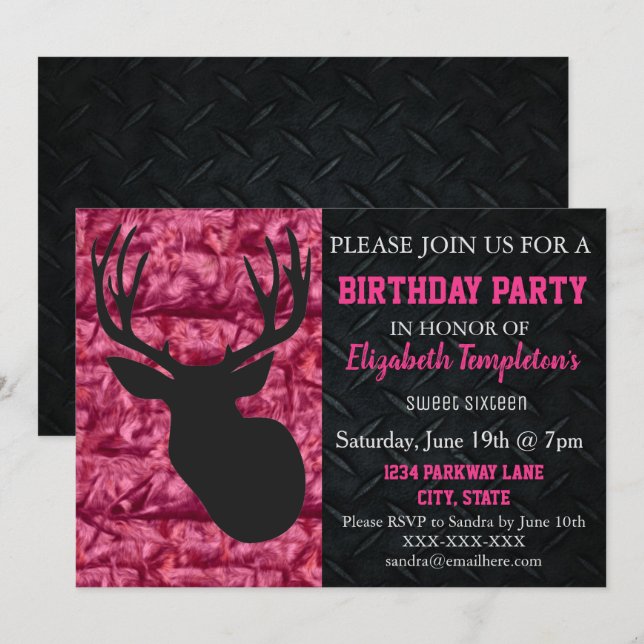 Invitación Caza de Camo Rosa Dulce Dieciséis Cumpleaños (Anverso / Reverso)