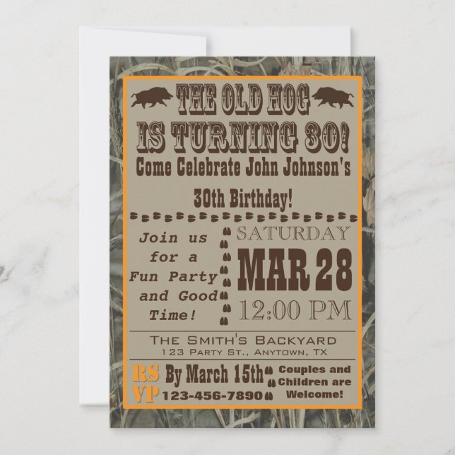 Invitación Caza de Hog 30 cumpleaños con Camo (Anverso)