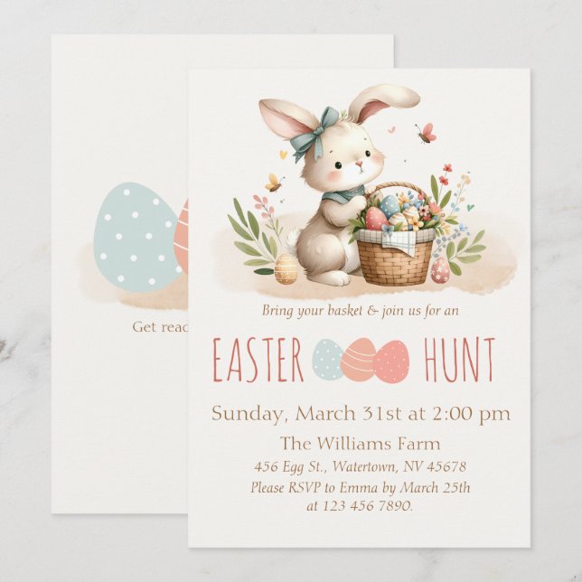 Invitación Caza de huevo de Pascua Conejito (Anverso / Reverso)