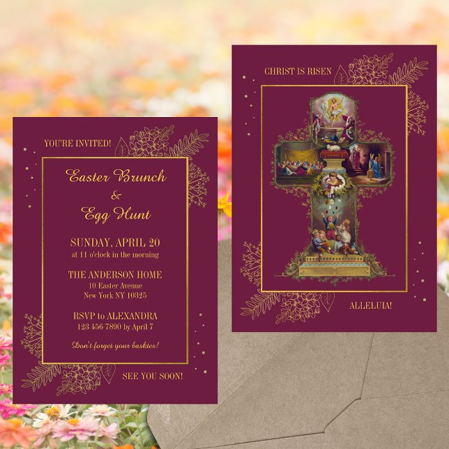 Invitación Caza de huevos de Brunch de Pascua Cristiana Flora (Purple Religious Christian Catholic Floral Easter Cross Christ is risen Brunch Egg Hunt Invitation)