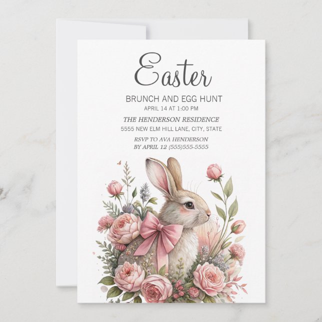 Invitación Caza de huevos de Brunch de Pascua de Bow rosa con (Anverso)